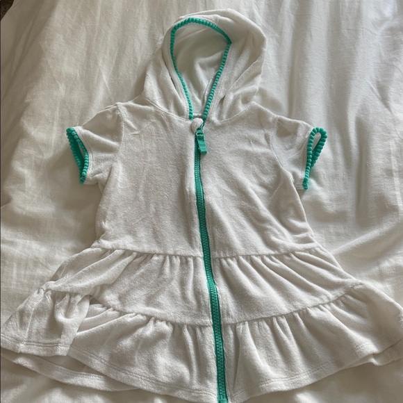 Cat & Jack White with Teal trim Terracloth swim coverup with hoodie and Zipper - Picture 2 of 4